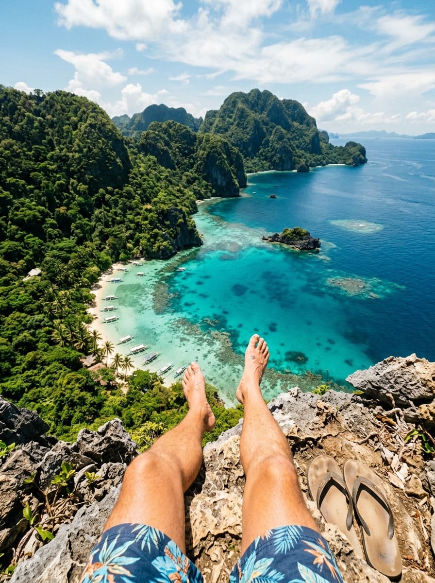 Traveler relaxing overlooking turquoise tropical bay and islands