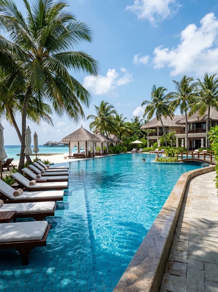 Luxury tropical resort swimming pool with palm trees