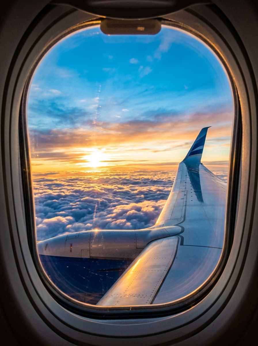 Airplane window sunset view over golden clouds